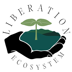 Liberation Ecosystem logo features an illustration of a hand holding a sapling planted in soil
